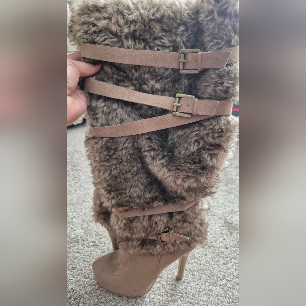 JustFab Tan Faux Fur Heeled Boots - Picture 5 of 7